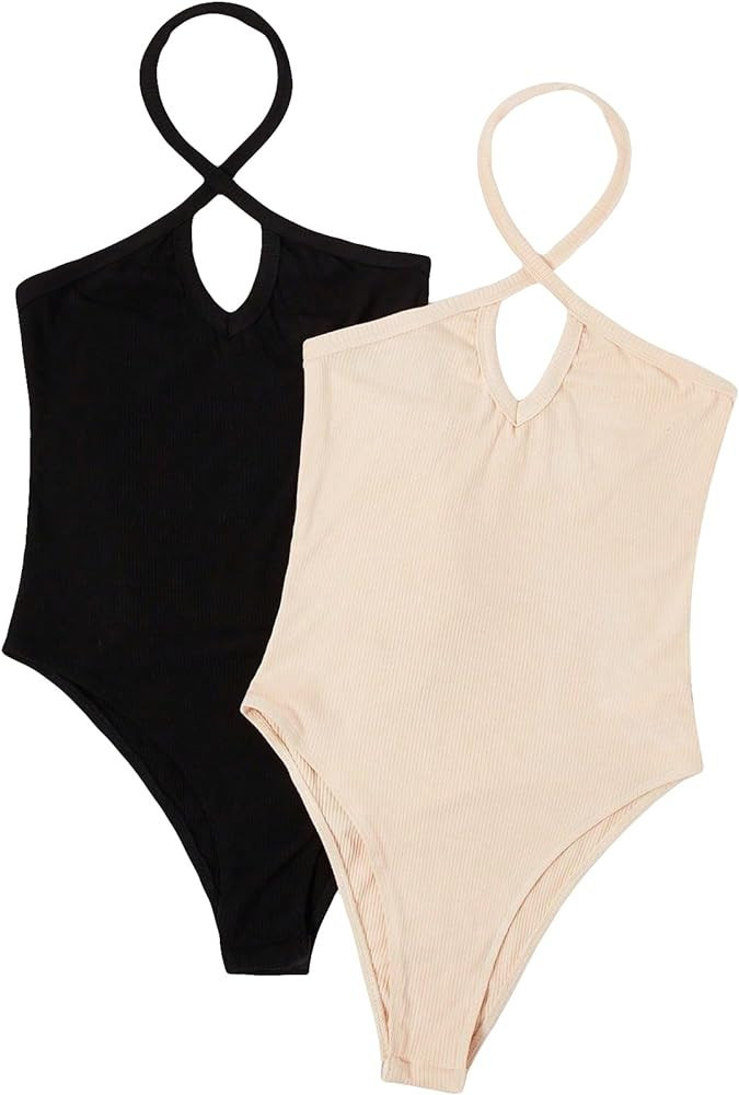 WDIRARA Women's 2 Pack Cut Out Crisscross Halter Neck Sleeveless Rib Knit Skinny Bodysuit Tops | Amazon (US)
