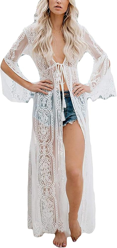 AILUNSNIKA Women Sexy Chiffon/Rayon Open Front Kimono Cardigan Long Swimsuit Cover Up | Amazon (US)