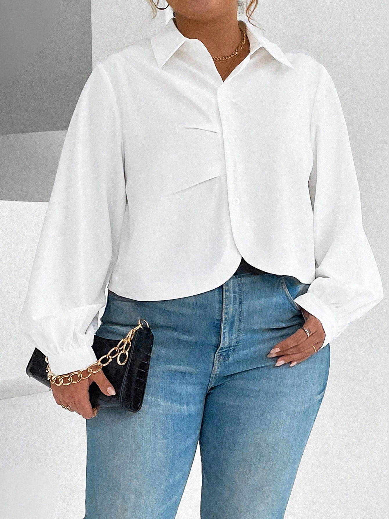 SHEIN Essnce Plus Solid Button Front Shirt | SHEIN