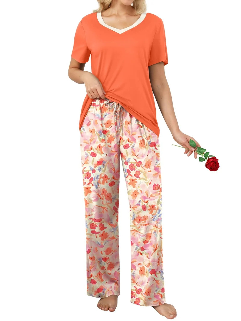 MINTREUS Womens Pajamas Sets 2 Piece Short Sleeve Lounge Set Printed Loose Pants Pj Sets, S-2XL | Walmart (US)