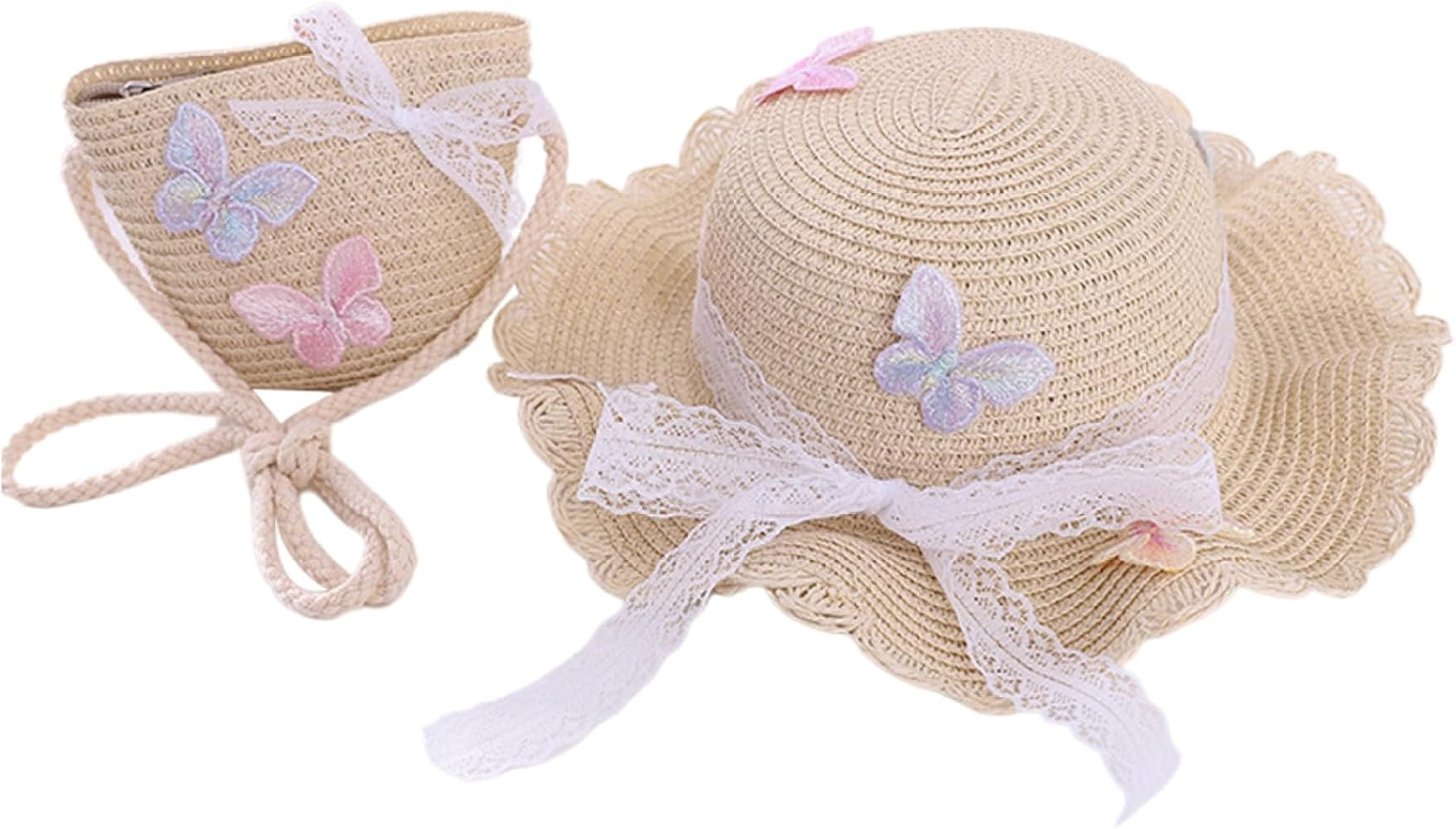 Kids Straw Hat and Purse Set 2Pcs - Cute Butterfly Lace Sun Hat & Straw Bag for Girls Beach Outdo... | Amazon (US)