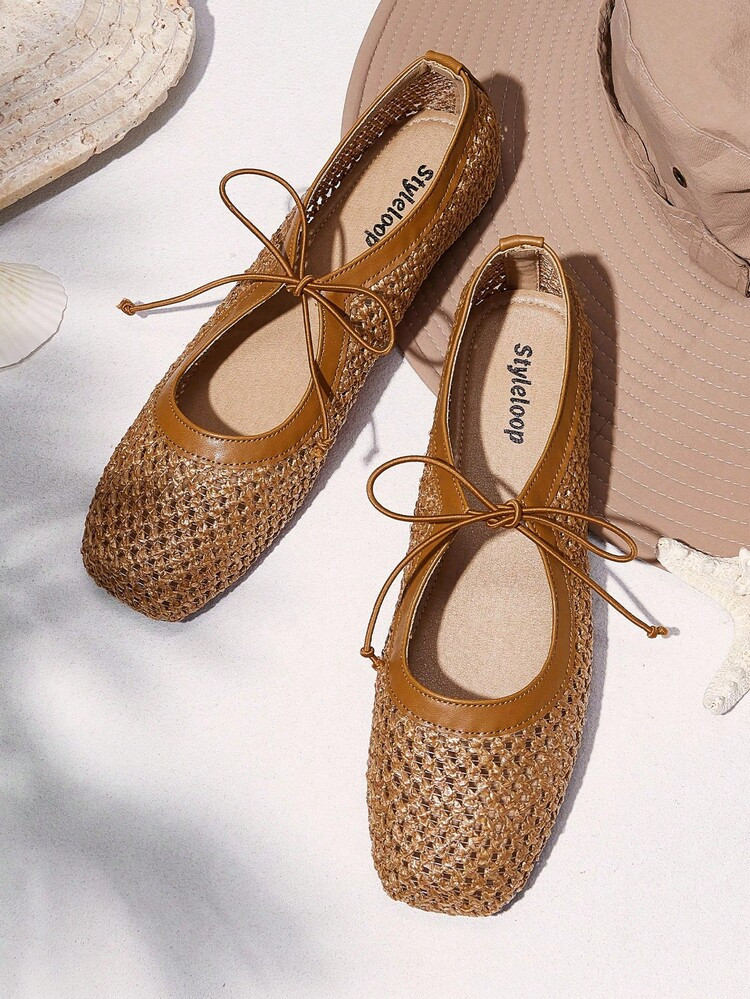 Styleloop Brown Woven Mesh Fabric Slip-On Knot Decor Women's Flat Shoes, Summer Vacation Bohemian... | SHEIN
