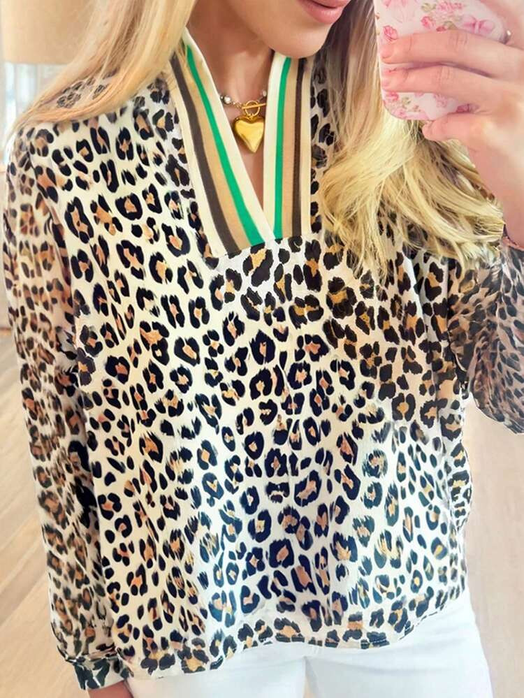 Acelitt Spring And Autumn Women's Khaki Leopard Print Splicing Contrast Stripe V-Neck Loose Top | SHEIN