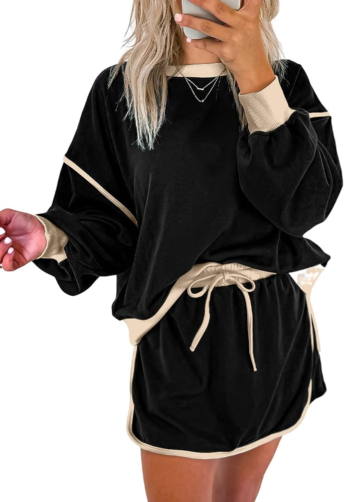 SELINK Womens Striped 2 Piece Outfit Tracksuit Oversized Lounge Set Casual Top and Skorts Matchin... | Amazon (US)