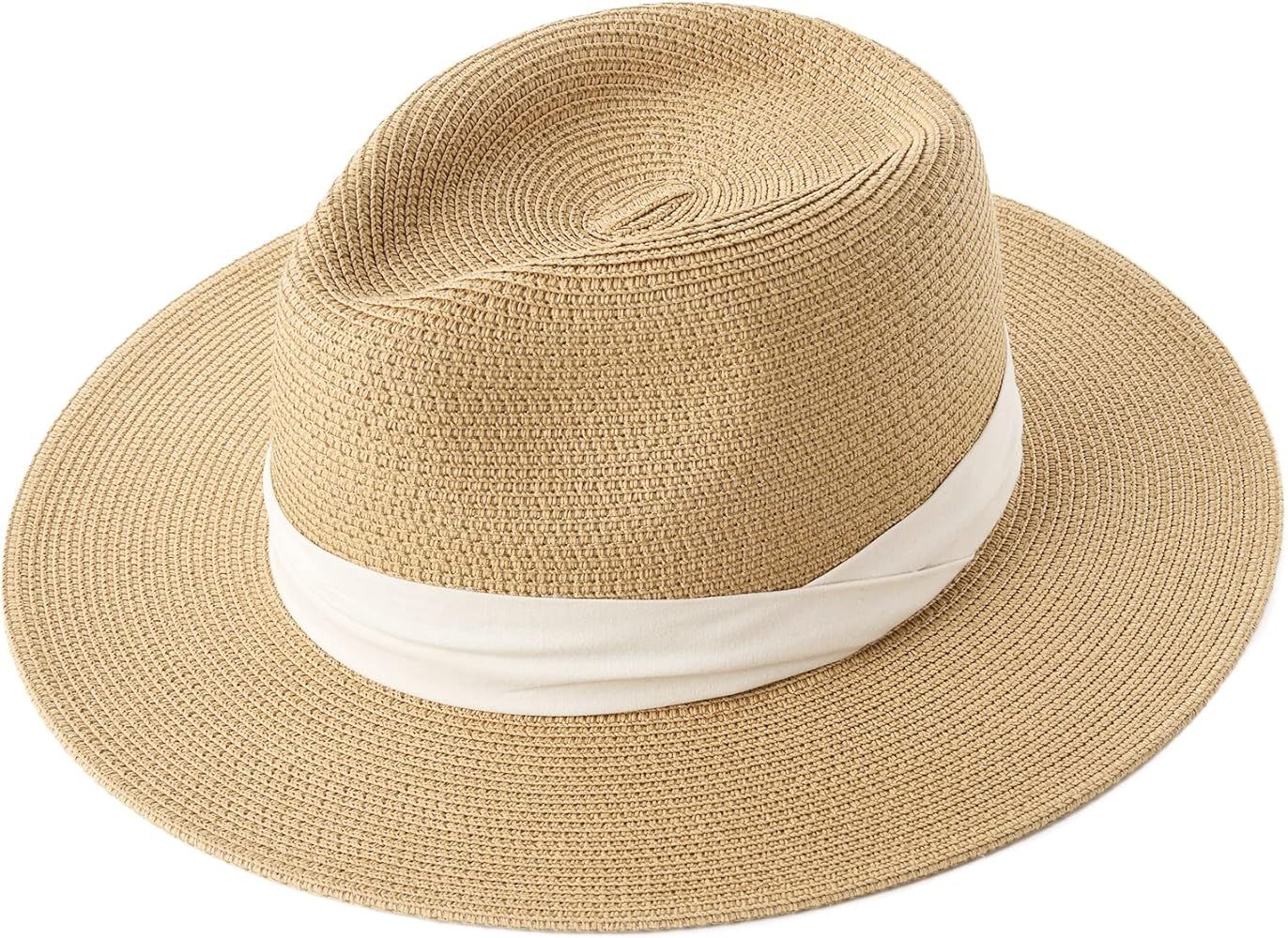 Womens Mens Wide Brim Straw Panama Hat Fedora Summer Beach Sun Hat UPF Straw Hat for Women | Amazon (US)