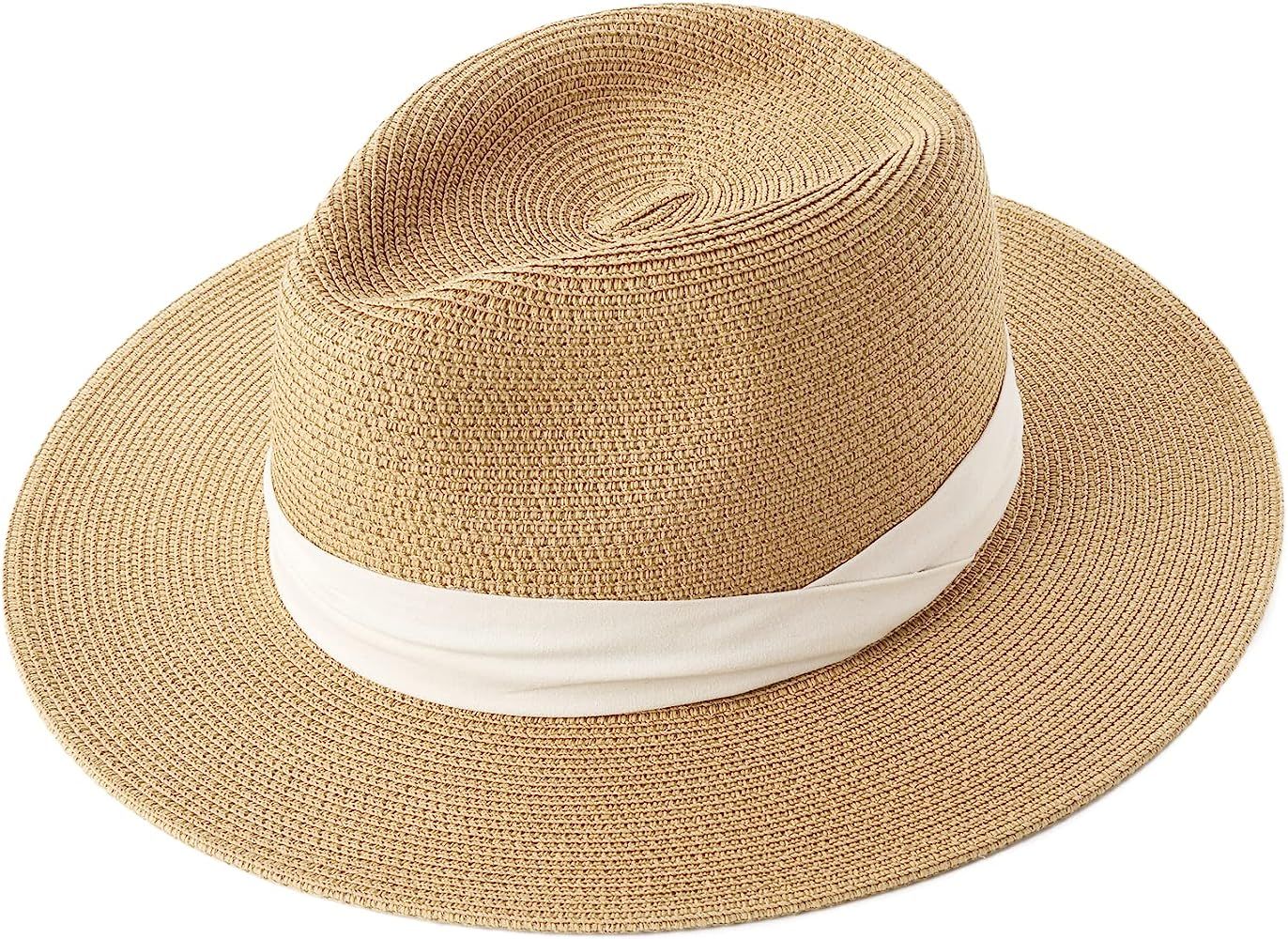 Womens Mens Wide Brim Straw Panama Hat Fedora Summer Beach Sun Hat UPF Straw Hat for Women | Amazon (US)