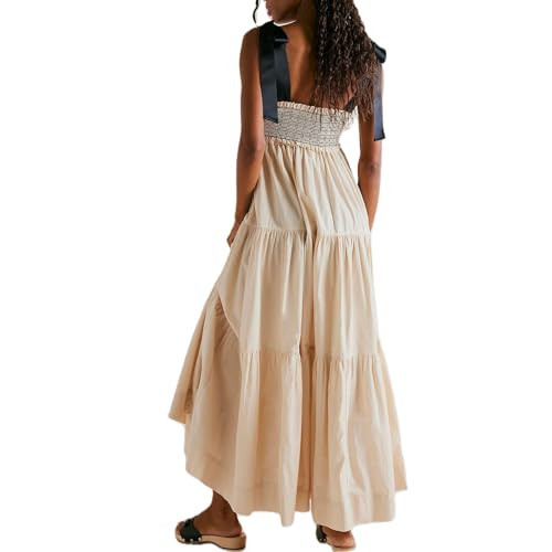 Women Summer Dresses Flowy Smocked Maxi Dress Sleeveless Tie Shoulder Boho Dresses Y2K Floral Beach Sundresses, Solid Apricot, Medium | Amazon (US)