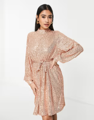 Pretty Lavish sequin balloon sleeve mini dress in rose gold | ASOS (Global)