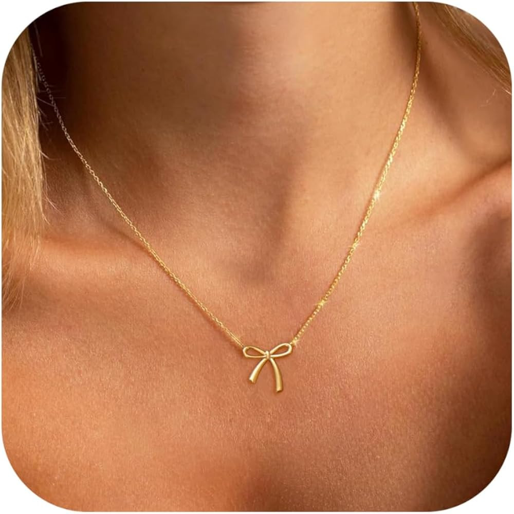 Dainty Bow Necklace for Women 14K Gold Plated Cute Choker Small Pendant Charm Necklaces Teen Gift... | Amazon (US)