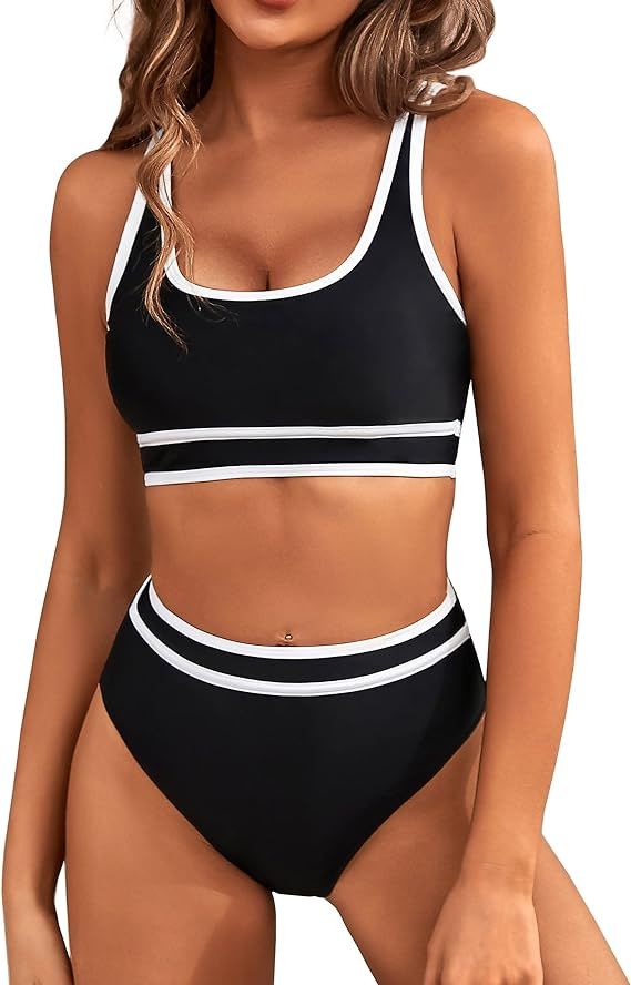 BMJL Women's High Waisted Bikini Sets Sporty Two Piece Swimsuits Color Block Cheeky High Cut Bath... | Amazon (US)