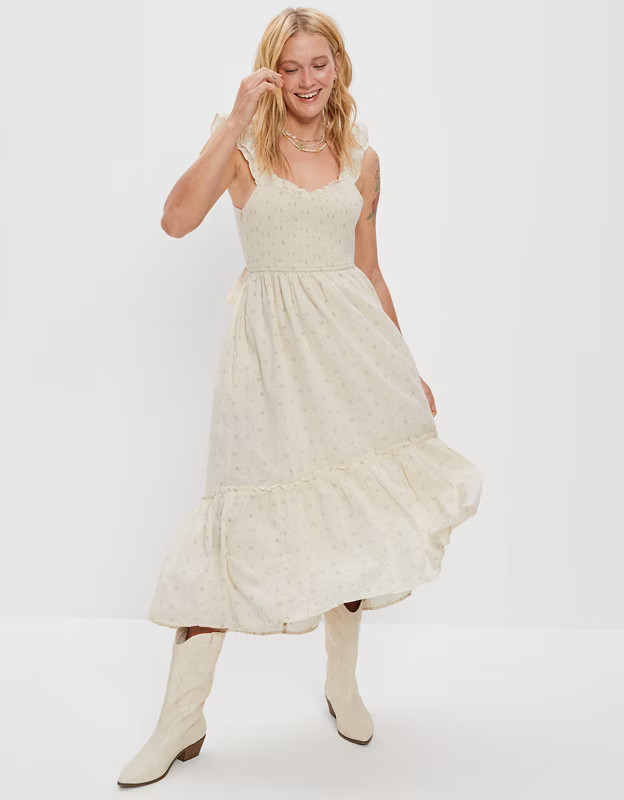 AE Printed Flutter Sleeve Smocked Midi Dress | American Eagle Outfitters (US & CA)