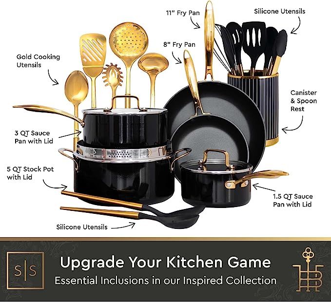 STYLED SETTINGS x THE BROADMOOR HOUSE Black and Gold Kitchen Accessories - 28PC Includes Black an... | Amazon (US)