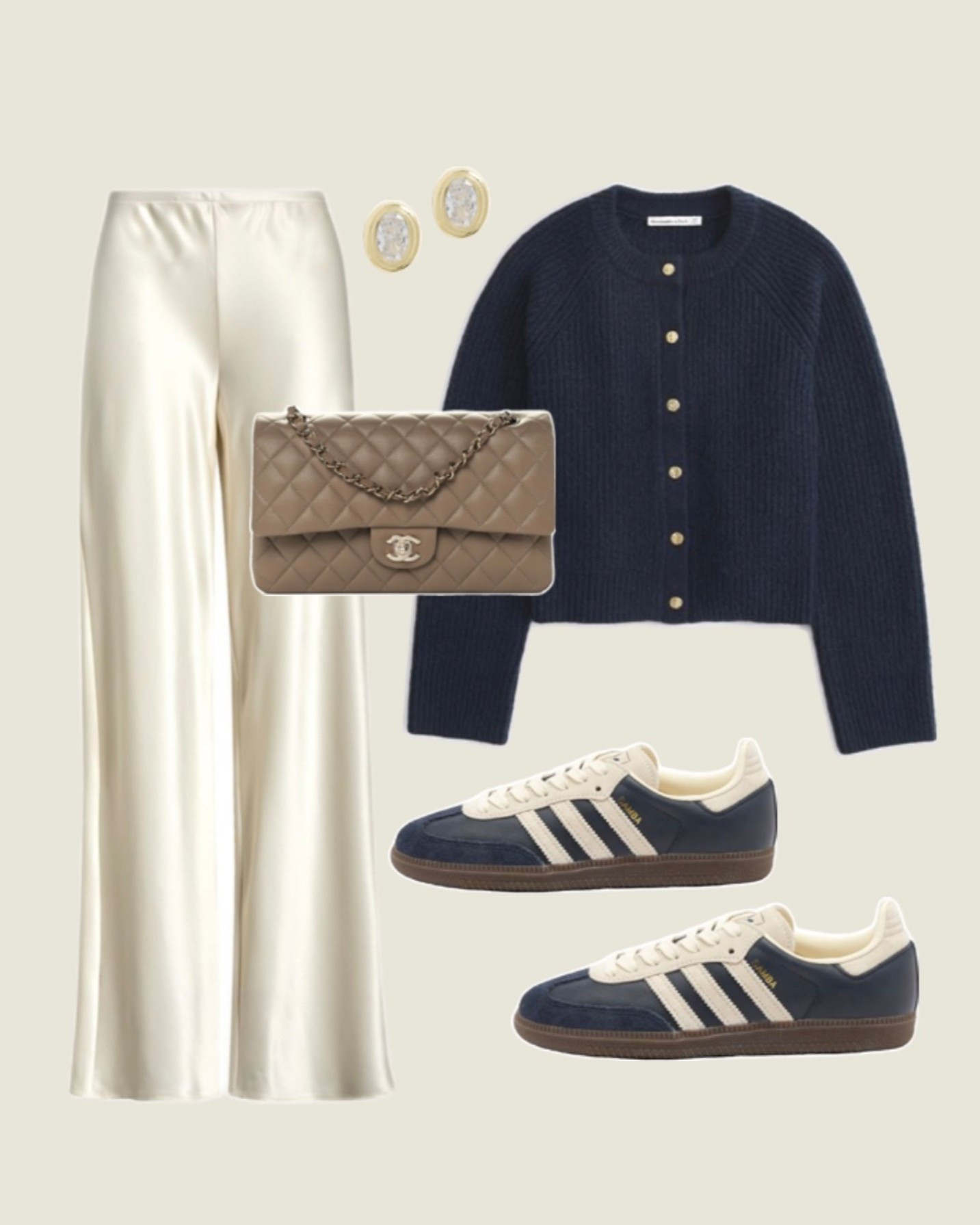 Navy cardigan, cream satin pants, navy adidas sambas, neutral handbag, everyday neutral outfit, basic outfit idea, classic style, classy outfit, sneaker outfit 

#LTKootd #LTKSeasonal