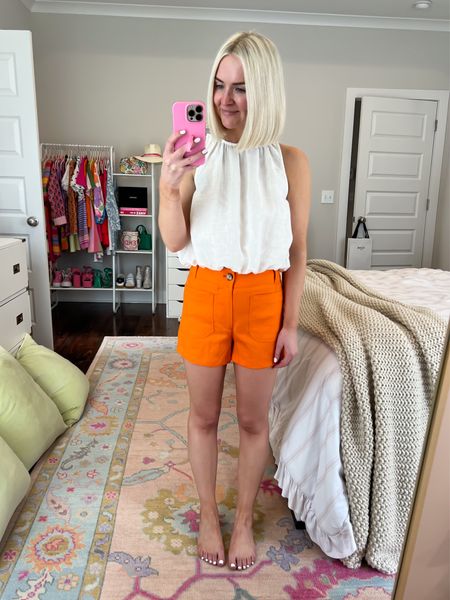Orange shorts (size: 25) / Colette shorts / orange linen shorts / white bubble top 

#LTKStyleTip #LTKSeasonal