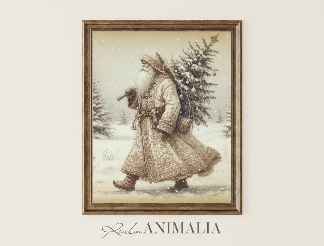 Vintage Santa Claus Art Print, Neutral Christmas Printable Wall Art, Beige Winter Holiday Art Pri... | Etsy (US)