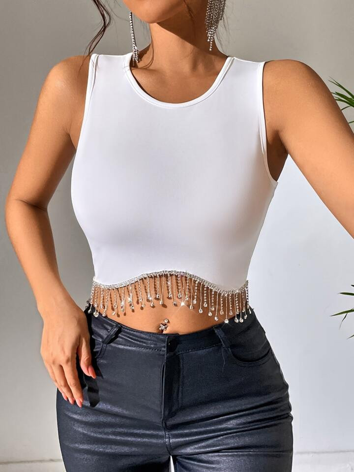 SHEIN BAE Rhinestone Fringe Hem Crop Tank Top | SHEIN