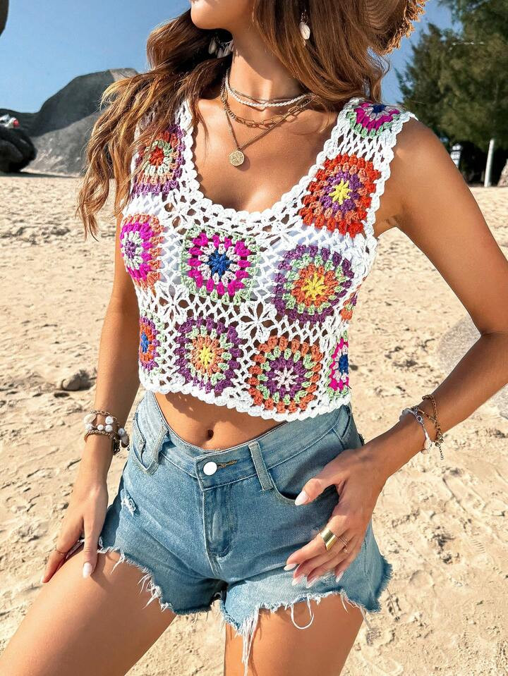 SHEIN VCAY Floral Pattern Sleeveless Crochet Knit Top | SHEIN