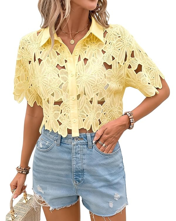 SOLY HUX Women's Floral Lace Cropped Blouses Hollow Out Crop Tops Blouse Short Sleeve Button Down... | Amazon (US)