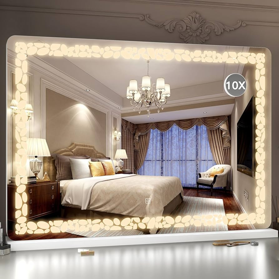 ROLOVE 32" x 22" Large Vanity Mirror with Lights, LED Makeup Mirror with Pebble Pattern Lights, 3... | Amazon (US)