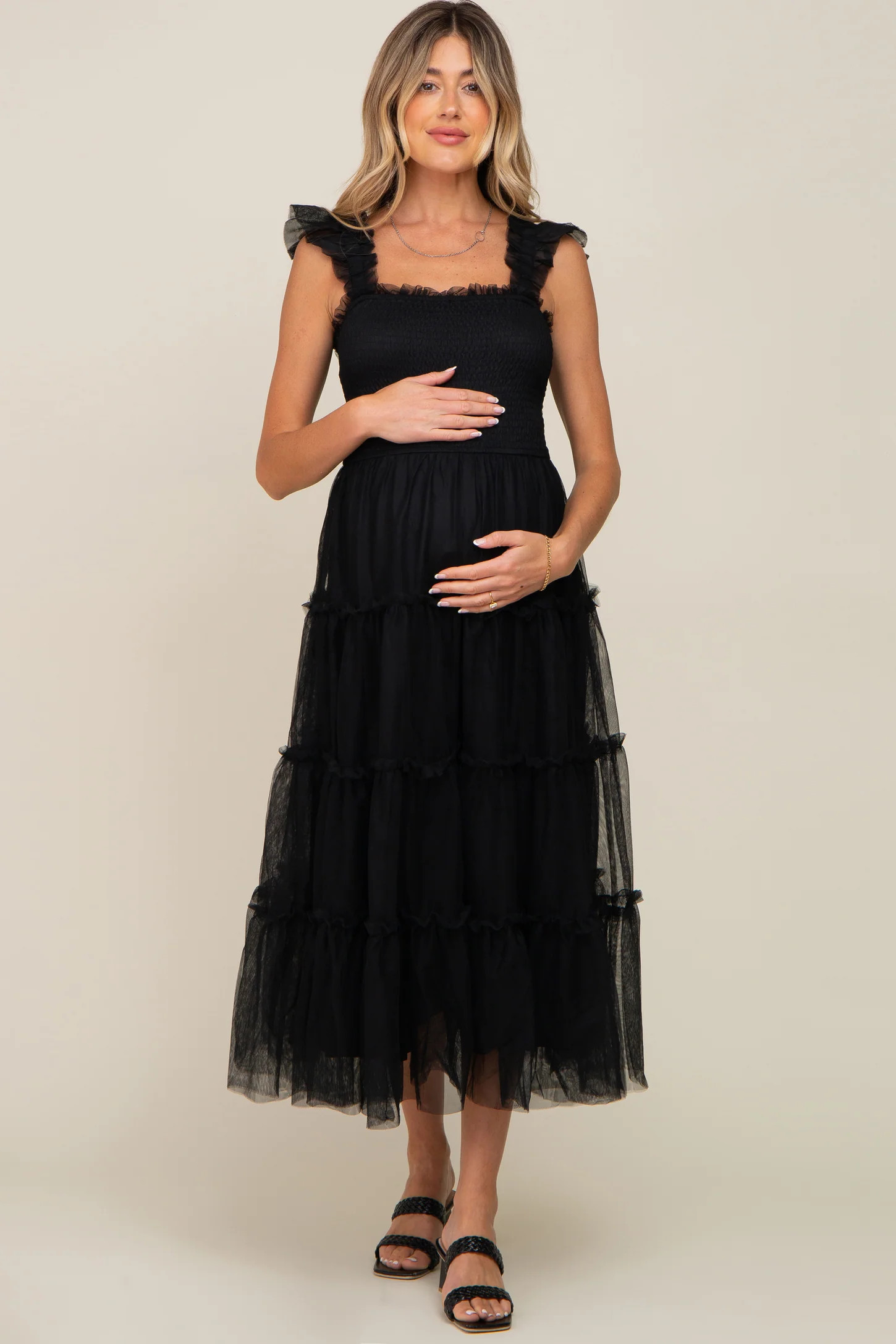 Black Smocked Mesh Ruffle Accent Maternity Midi Dress | PinkBlush Maternity