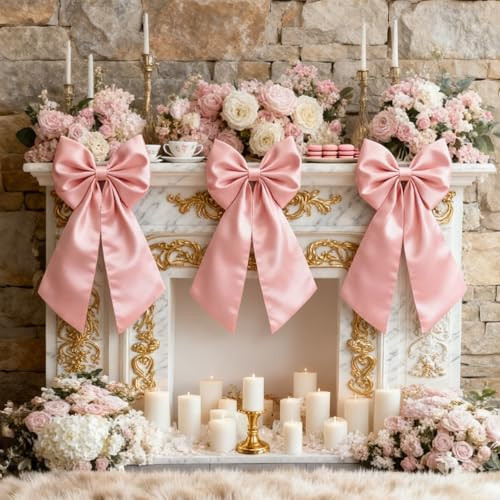 Big Pink Bow Coquette Room Decor, 23x11 Inch Satin Bows Large Pastel Pink Bows Birthday Decorations as Crib Skirt for Christmas Tree Topper Girl Room Xmas Gift Wrapping Bachelorette Baby Shower (3pcs) | Amazon (US)
