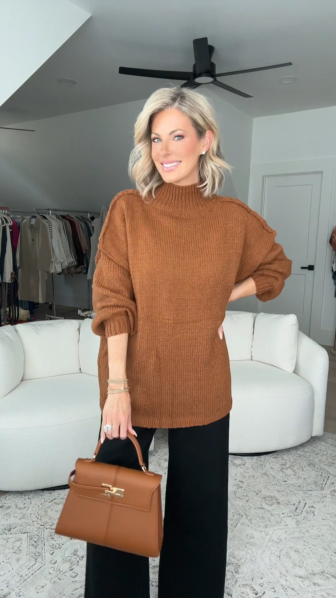 Obsessing over this tunic sweater that can be worn with these incredible black pants brown for a monochromatic look or with a cute skirt for a fall forward when weather still warm. The best part is this entire outfits budget friendly. ￼

#LTKootd #LTKOver40 #LTKSeasonal