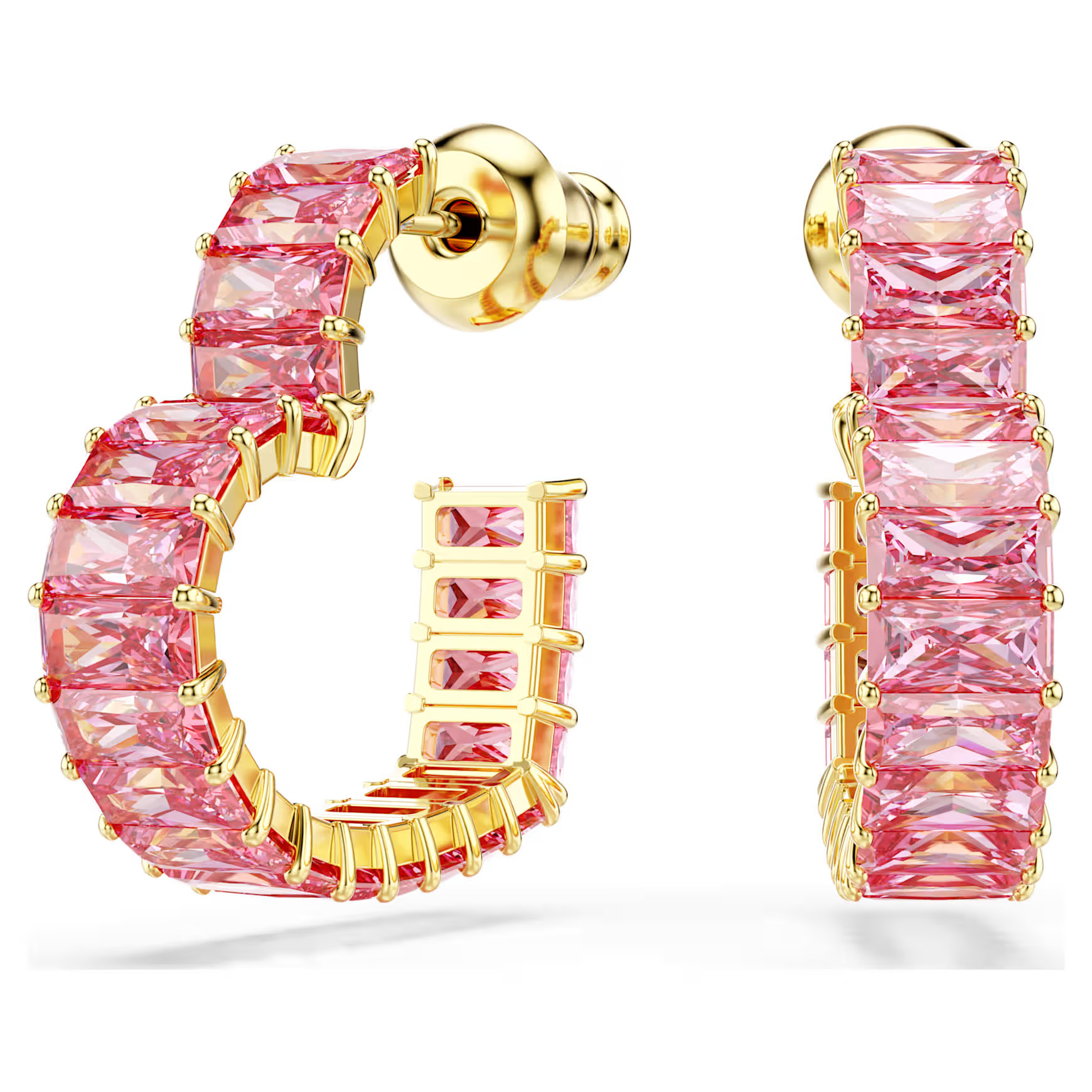 Matrix hoop earrings, Baguette cut, Heart, Small, Pink, Gold-tone plated by SWAROVSKI | SWAROVSKI