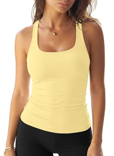 Darong Women Slim Fit Double Lined Tank Top Summer Soft Square Neck Camisole Trendy Sleeveless Basic Shirt 9226 Light Yellow M | Amazon (US)