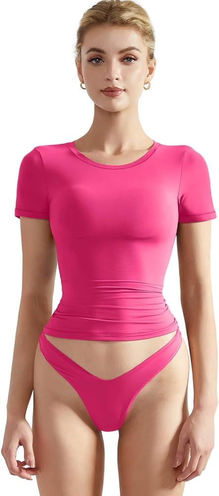 SUUKSESS Women Double Lined Fitted Basic Tee Crew Neck Short Sleeve Y2K Crop Top | Amazon (US)