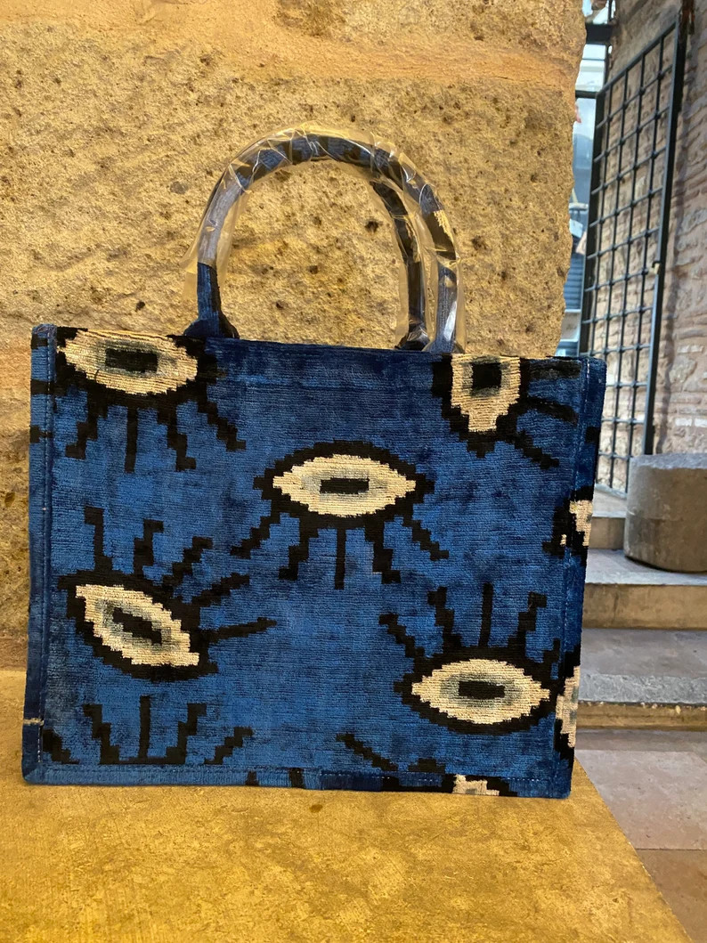 Ikat Large Totebag Blue Evil Eye Patterned, Handmade Evileye Spiritual Bag, Silk Velvet Shopping ... | Etsy (US)