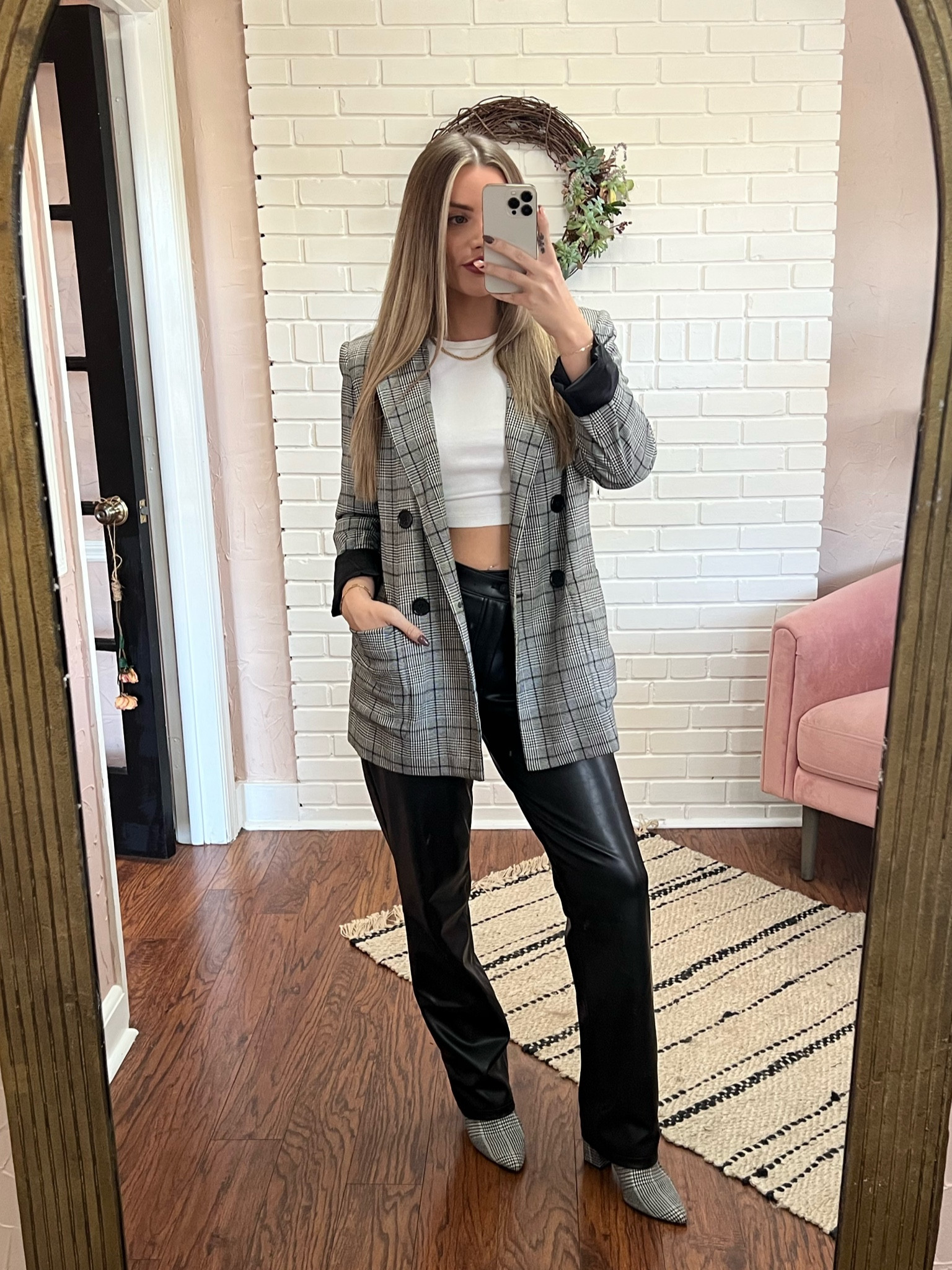 Ootd plaid + vegan leather 😍

Couldn’t find exact blazer and booties but linked similar!

Size 27r in pants!

#LTKstyletip #LTKSeasonal #LTKxAF