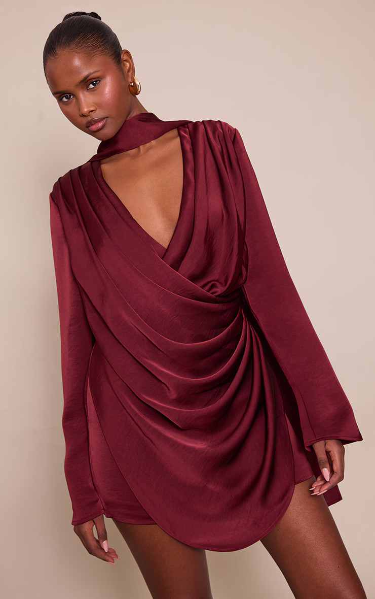 Wine Draped Satin Shirt Dress | PrettyLittleThing UK