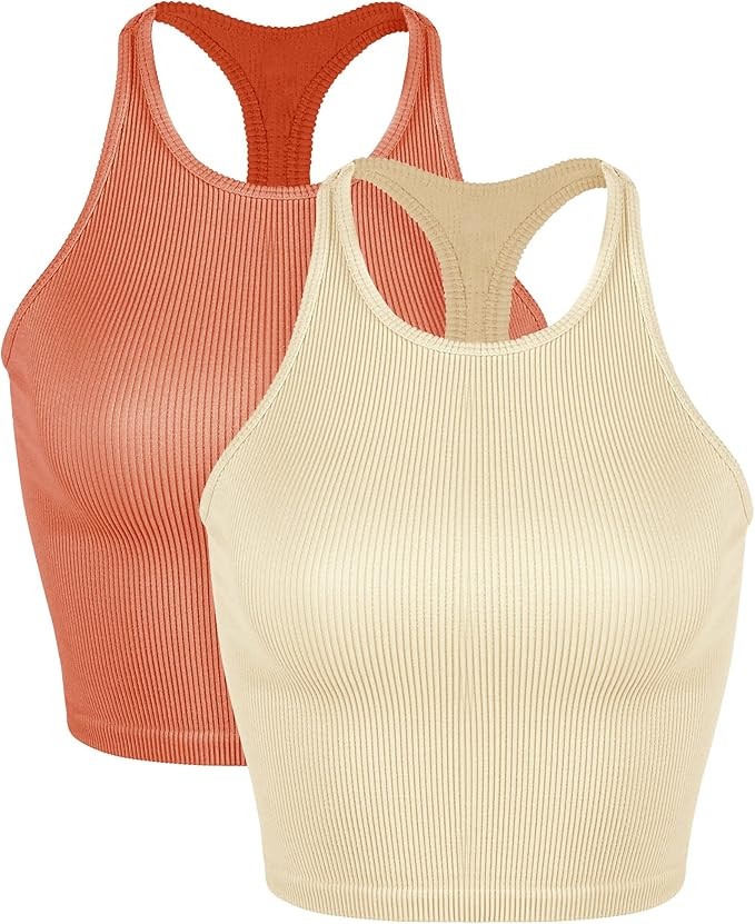 ODODOS Women's Crop 3-Pack Washed Seamless Rib-Knit Camisole Crop Tank Tops | Amazon (US)