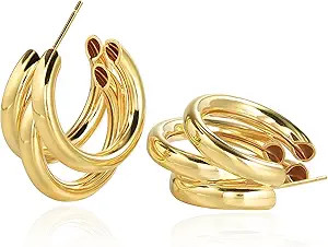 Chunky Gold Hoop Earrings for Women, 14k Gold Plated Thick Triple Hoop Earrings Hypoallergenic Tr... | Amazon (US)