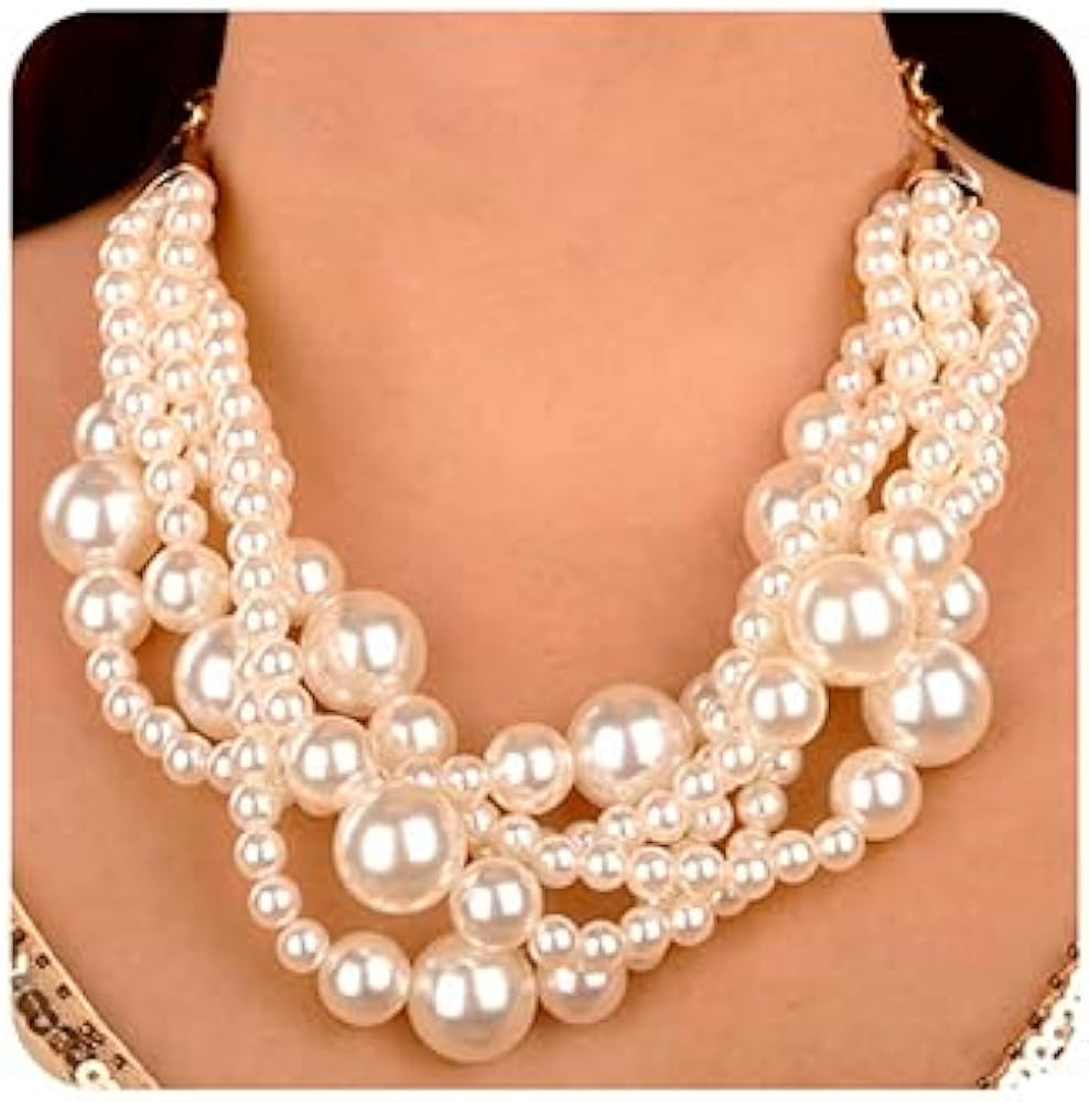 Wiwpar 2PCS Large Chunky Statement Faux Pearl Bib Choker Necklace and Earring Set for Party Weddi... | Amazon (US)