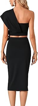 Umenlele Women's 2 Piece Outfit Elegant One Shoulder Ruched Wrap Tie Waist Top and Split Midi Ski... | Amazon (US)