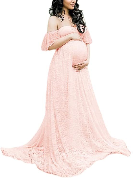 ZIUMUDY Photography Maternity Dress Off Shoulder Lace Baby Shower Pregnant Wedding Dress | Amazon (US)