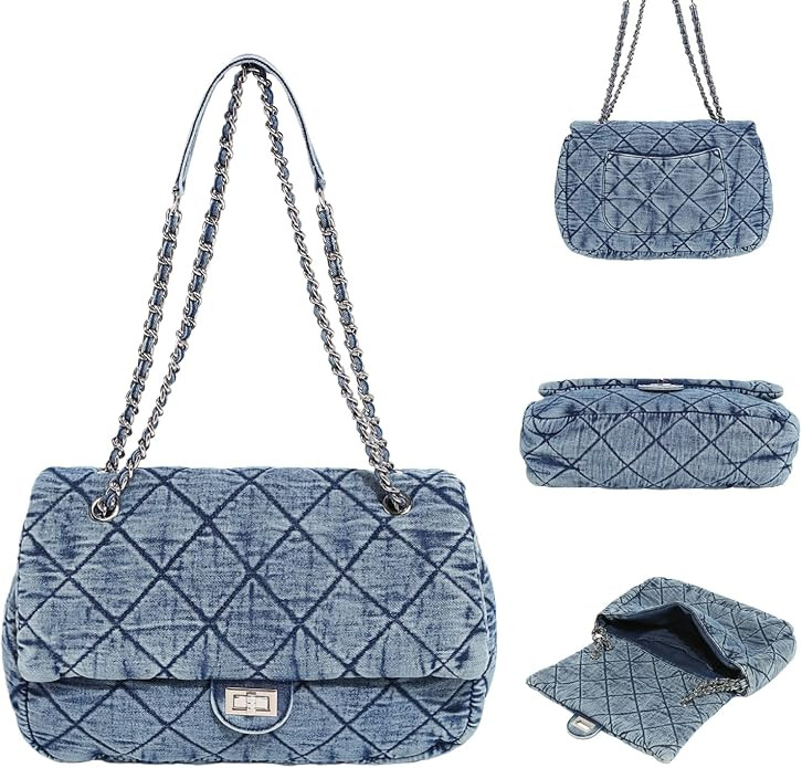 Quilted Denim Purse for Women, Large Capacity Vintage College Style Shoulder Bag Denim Tote Bag, ... | Amazon (US)