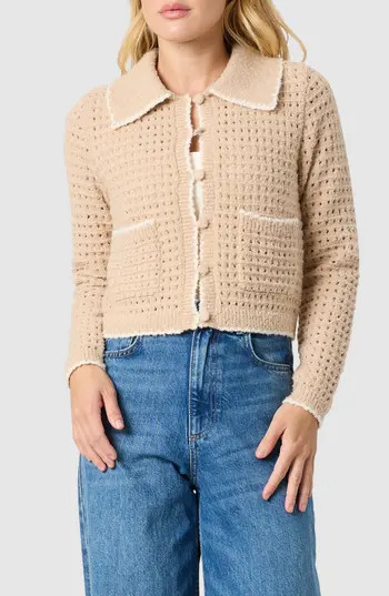 All in Favor Contrast Trim Point Collar Cardigan in Oatmeal/Ivory at Nordstrom Rack, Size X-Small | Nordstrom Rack