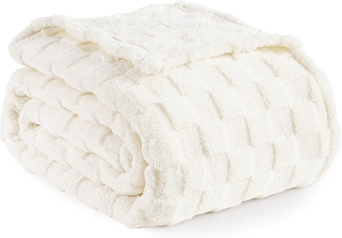 PHF Cream Fleece Blanket for Couch, Warm Checkered Blanket for Fall and Winter, 3D Plaid Jacquard... | Amazon (US)
