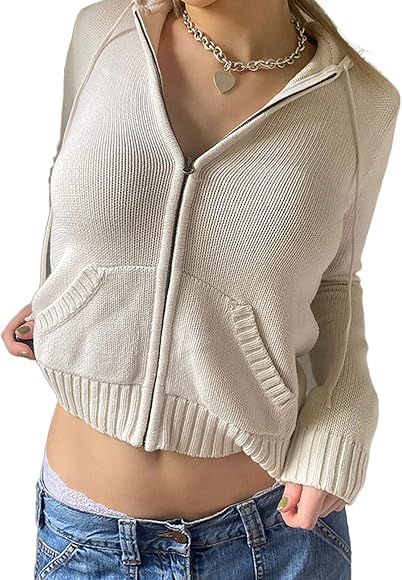 Zip Up Crop Hoodies for Women Vintage Graphic Hooded Pullover Y2k Oversized Drawstring Sweatshirt... | Amazon (US)