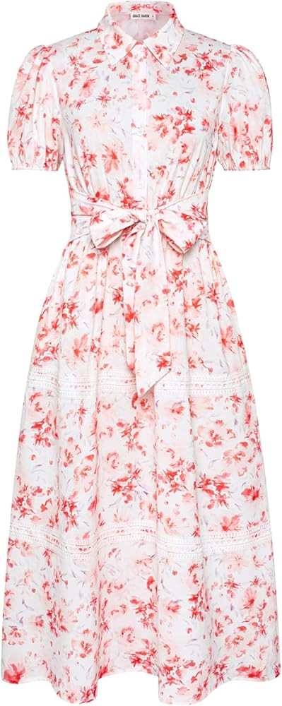 GRACE KARIN Women's 2025 Summer Floral Flowy Dresses Boho Tie Belt Short Puff Sleeve A Line Maxi ... | Amazon (US)