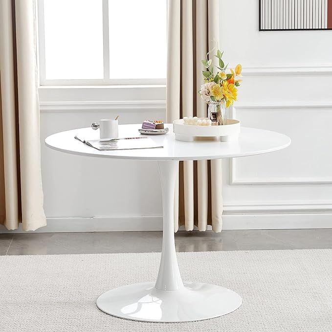 42" Round White Tulip Table Mid-Century Dining Table with Round MDF Table Top, Pedestal Dining Ta... | Amazon (US)