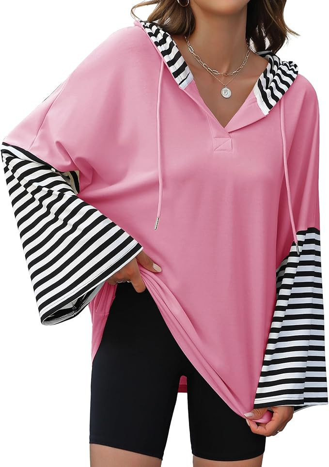 Womens Oversized Hoodie Y2K Casual Striped Sweatshirt Long Sleeve V Neck Pullover Tops Loose Fit ... | Amazon (US)