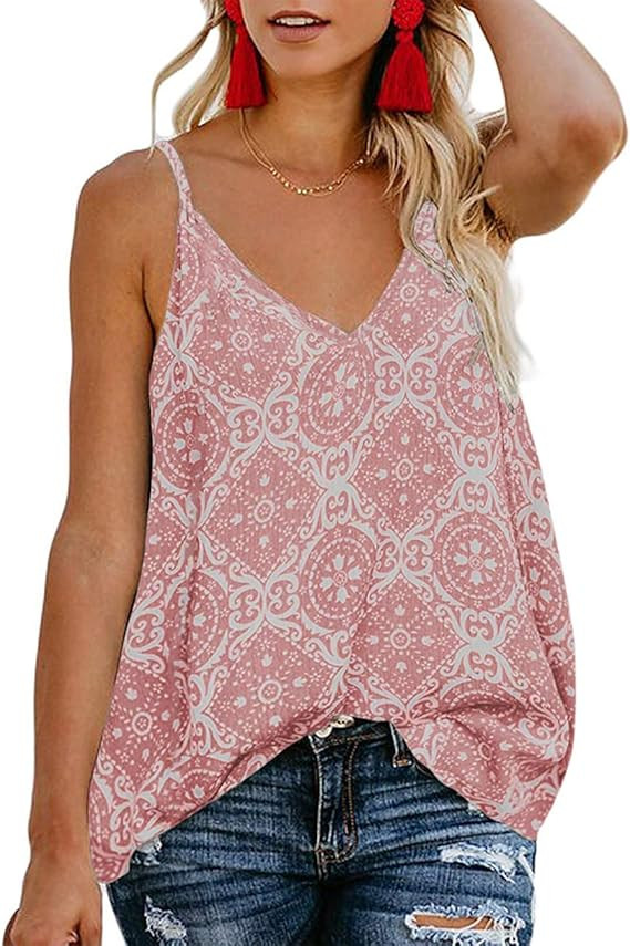 TECREW Women's Boho Floral V Neck Spaghetti Straps Tank Top Summer Sleeveless Shirts Blouse | Amazon (US)