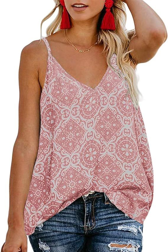TECREW Women's Boho Floral V Neck Spaghetti Straps Tank Top Summer Sleeveless Shirts Blouse | Amazon (US)