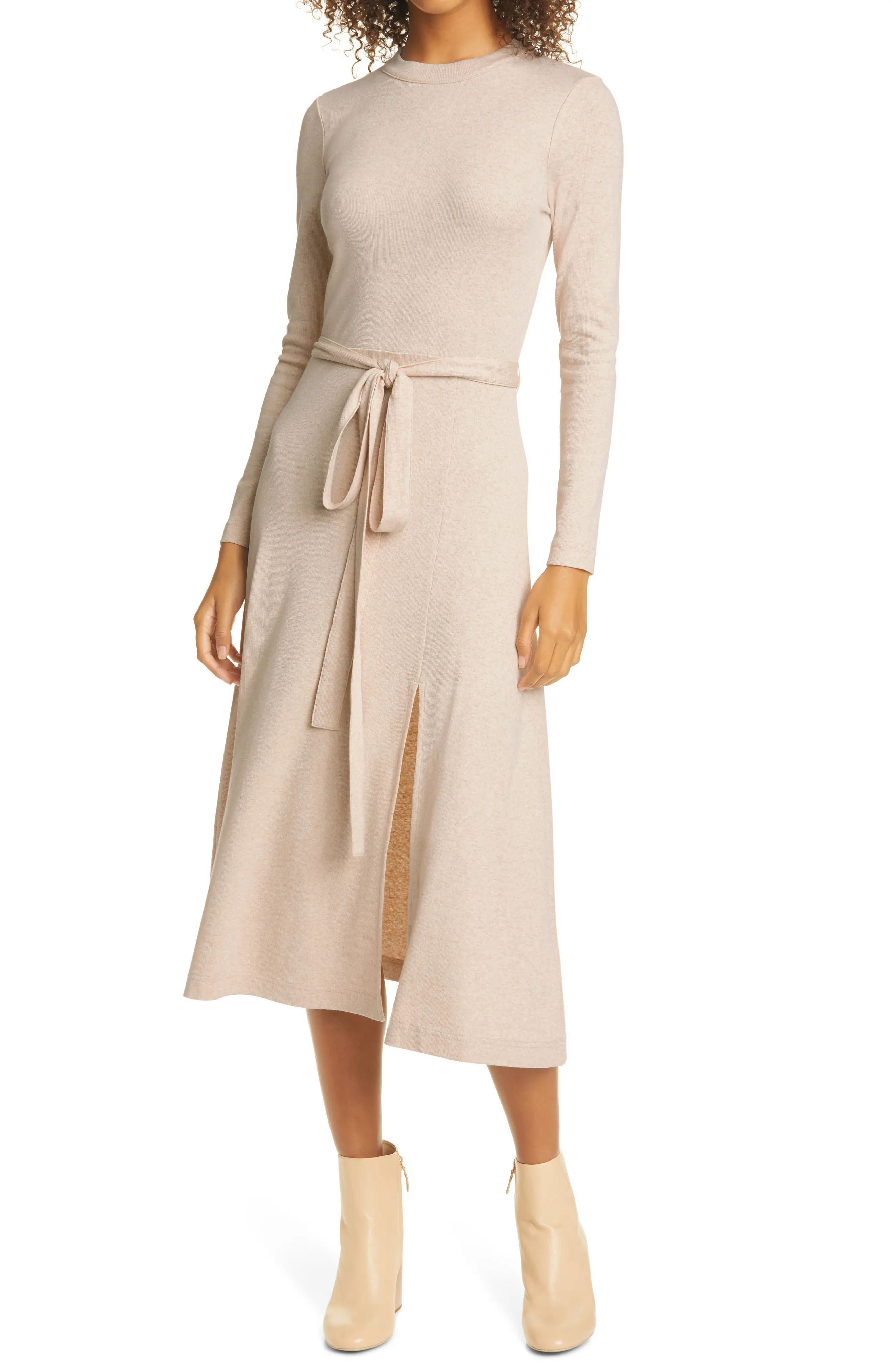 Club Monaco Tie Waist Long Sleeve Dress in Oatmeal Heather at Nordstrom, Size X-Large | Nordstrom
