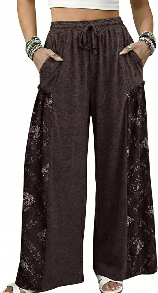 Athlisan Womens Wide Leg Pants High Waisted Lounge Palazzo Printed Baggy Trousers with Pockets | Amazon (US)