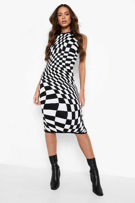 Wavy Check Knitted Midi Dress | Boohoo.com (US & CA)