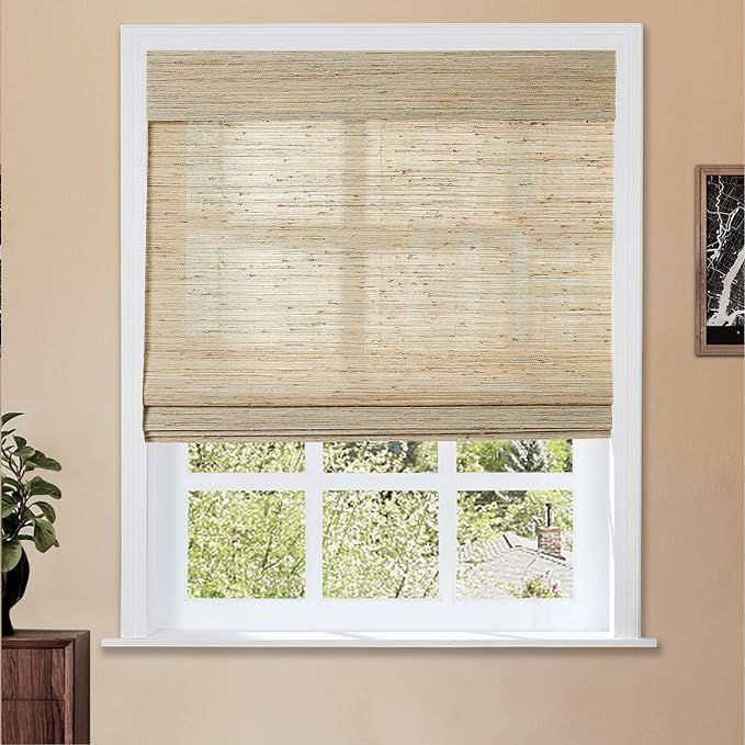 TWOPAGES Natural Cordless Ramie Roman Shade Customized Roman Window Shade Sun Light Filtering Win... | Amazon (US)